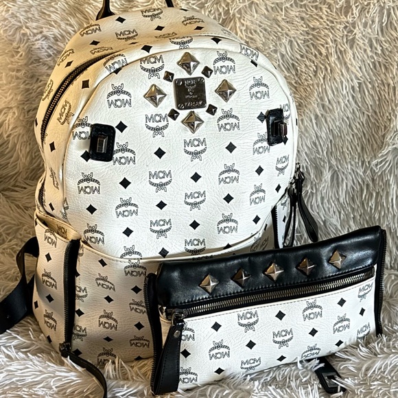 MCM Monogrammed Backpack in White and Black with Studs - Picture 2 of 11